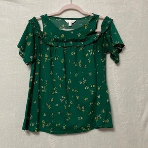 Lauren Conrad, size XS, open shoulder top, green and floral in color!